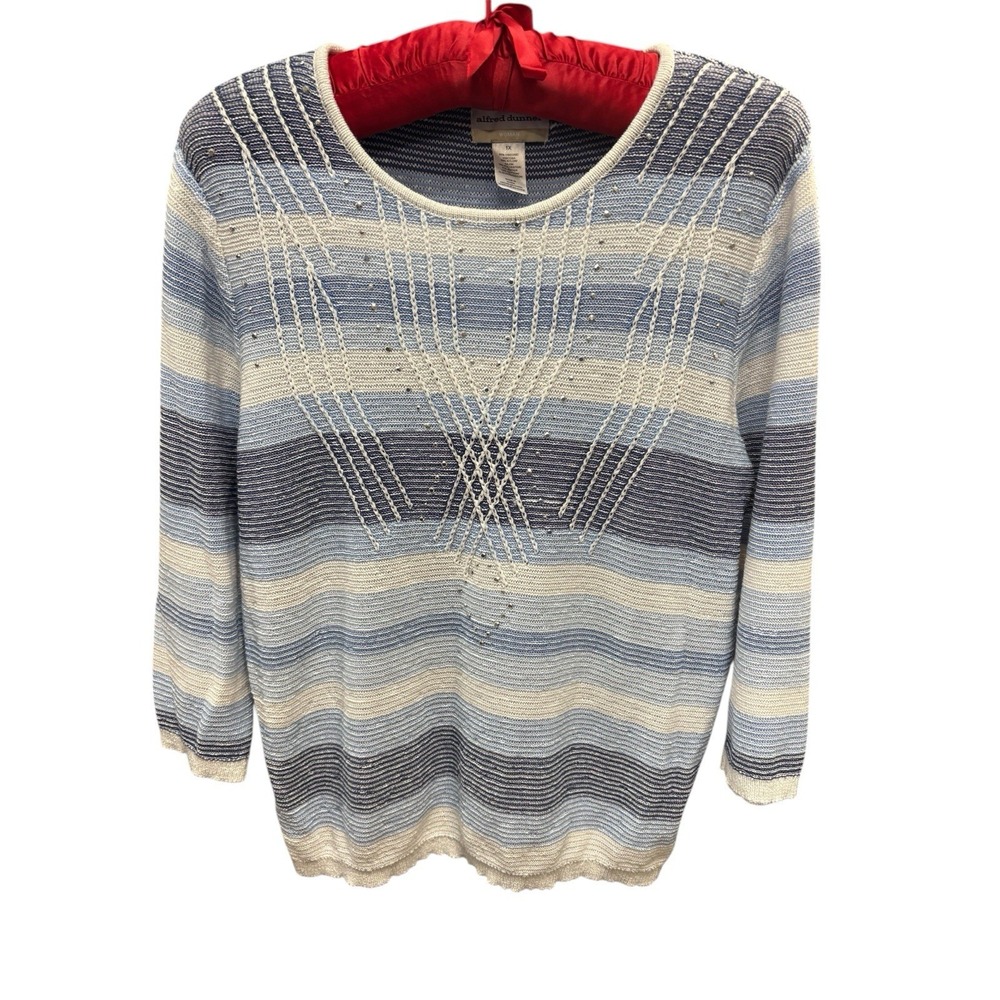 Alfred Dunner Woman 1X Sweater Blue Stripe Rhinestone Embellished Knit